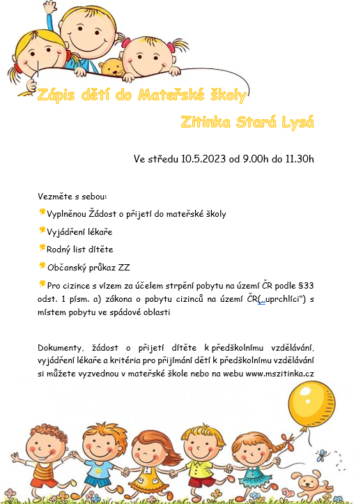 Zápis dětí do MŠ Zitinka Stará Lysá