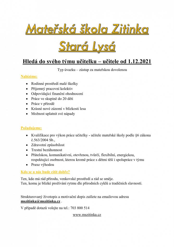 Výběrové řízení učitelka MŠ Zitinka Stará Lysá