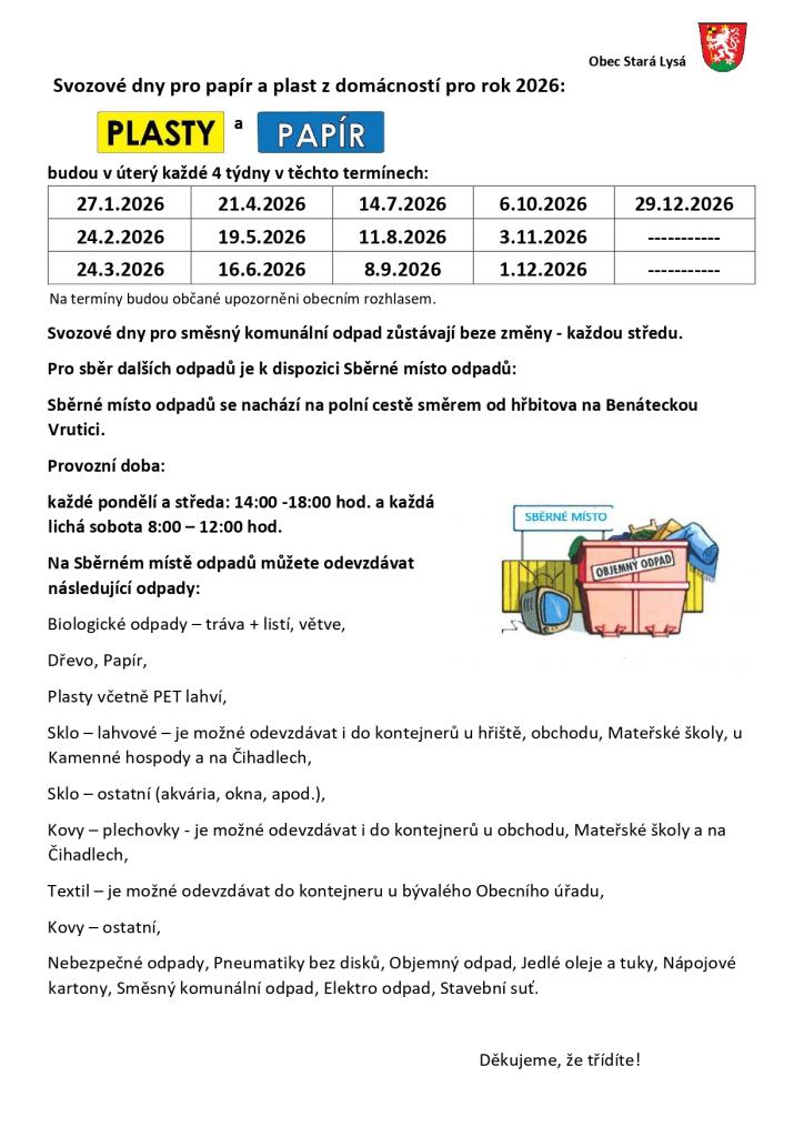 Svozové dny pro&nbsp;papír a&nbsp;plast z&nbsp;domácností pro&nbsp;rok 2026