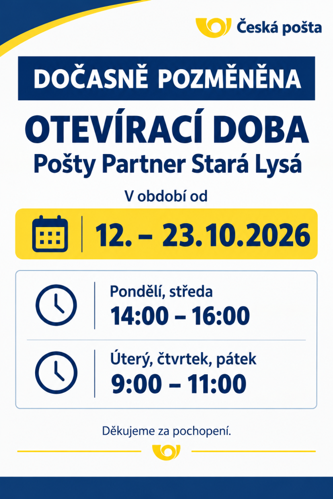 Změna otevírací doby Pošty Partner Stará Lysá