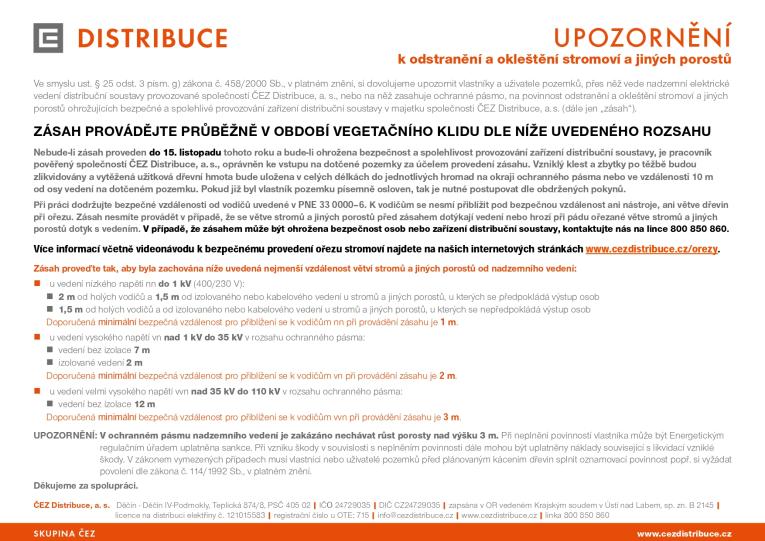 ČEZ - UPOZORNĚNÍ k&nbsp;odstranění a&nbsp;okleštění stromoví a&nbsp;jiných porostů